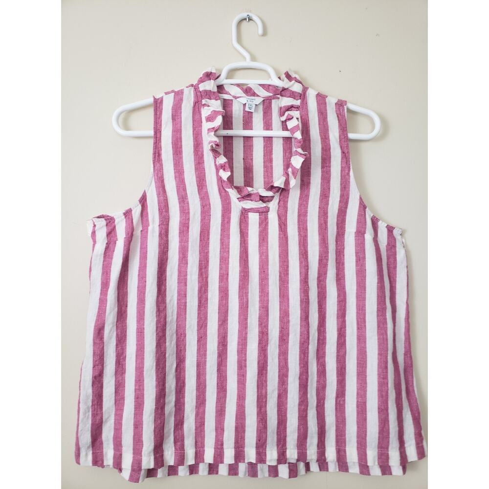 Crown & Ivy Sleeveless Womens Top Sz XXL Ruffle Collar Stripe Cottagecore Linen